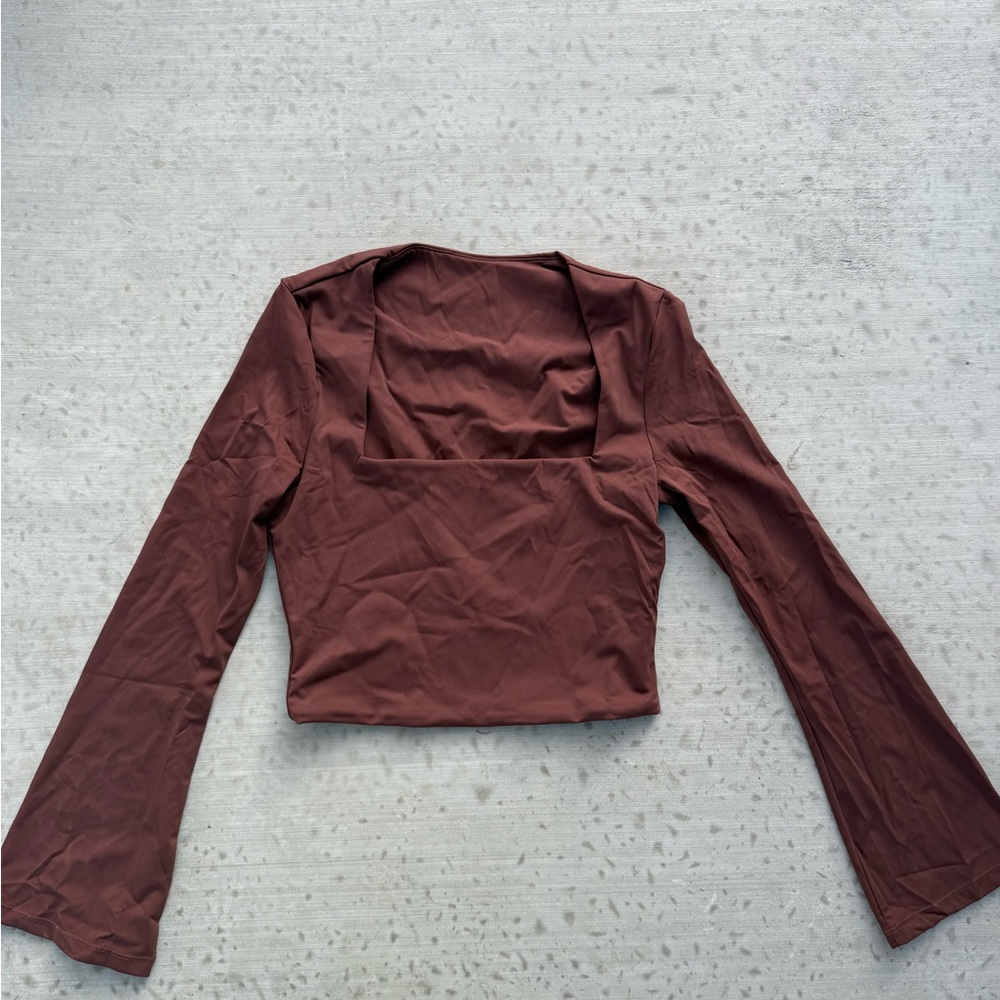 Brown Flare Sleeve Crop Top for Women Square Neck Long Sleeve Stretchy Shirt Top